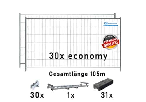 Bauzaun Set / Paket economy mit KP30 und Kunststofffüßen 105m