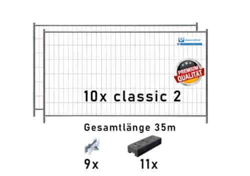 Bauzaun Set / Paket classic 2 10 Stk und Kunststofffüßen 35m