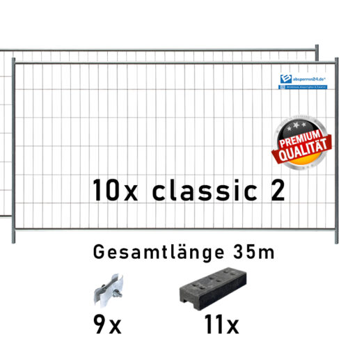 Bauzaun Set / Paket classic 2 10 Stk und Kunststofffüßen 35m