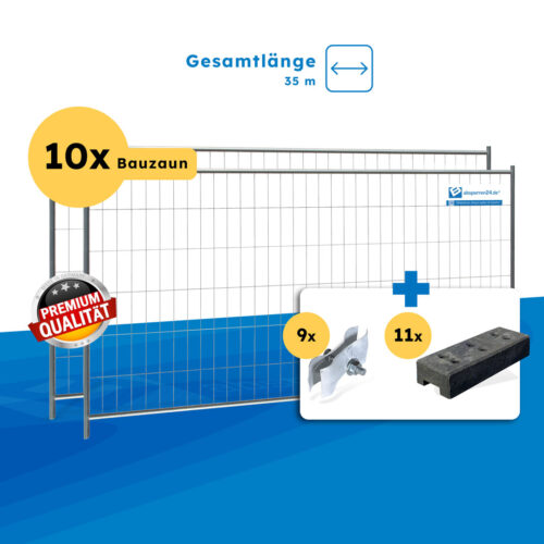 Bauzaun Set / Paket classic 2 10 Stk und Kunststofffüßen 35m