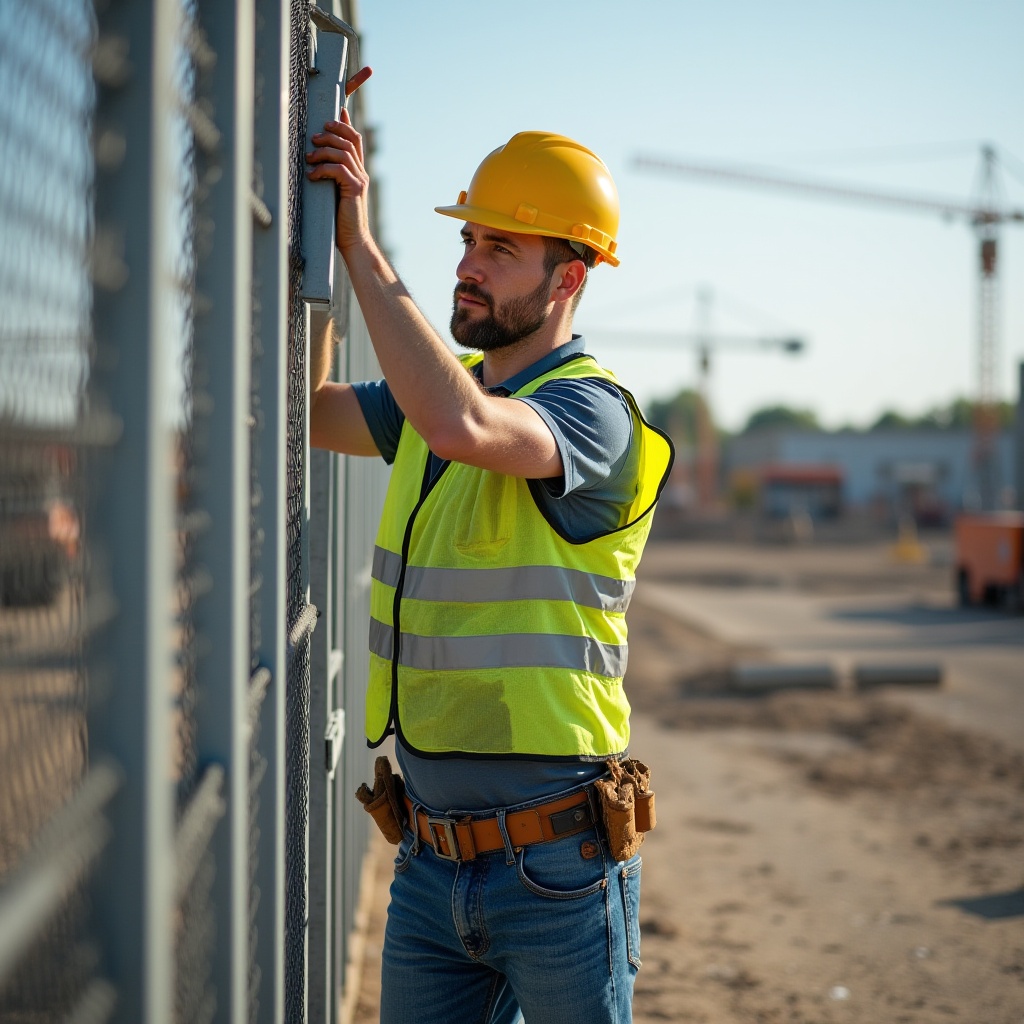 Arbeiter in Sicherheitsweste am Zaun